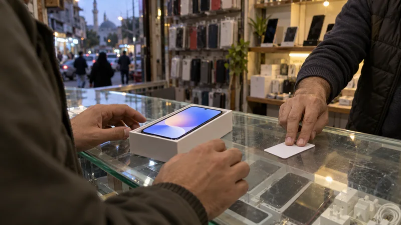 In a phone shop at dusk, a customer's hands rest beside a new phone in its open box on a glass counter, while the shopkeeper slides a blank white card across to them. Through the shop door, the street and a mosque's dome and minaret.
